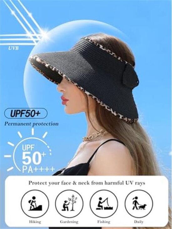 Women\'s Wide Brim UV Protection Sun Hat with Leopard Trim Straw
